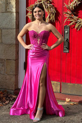 2025 Long Magenta Formal Dress Fuchsia Prom Dress Satin Strapless - MyChicDress
